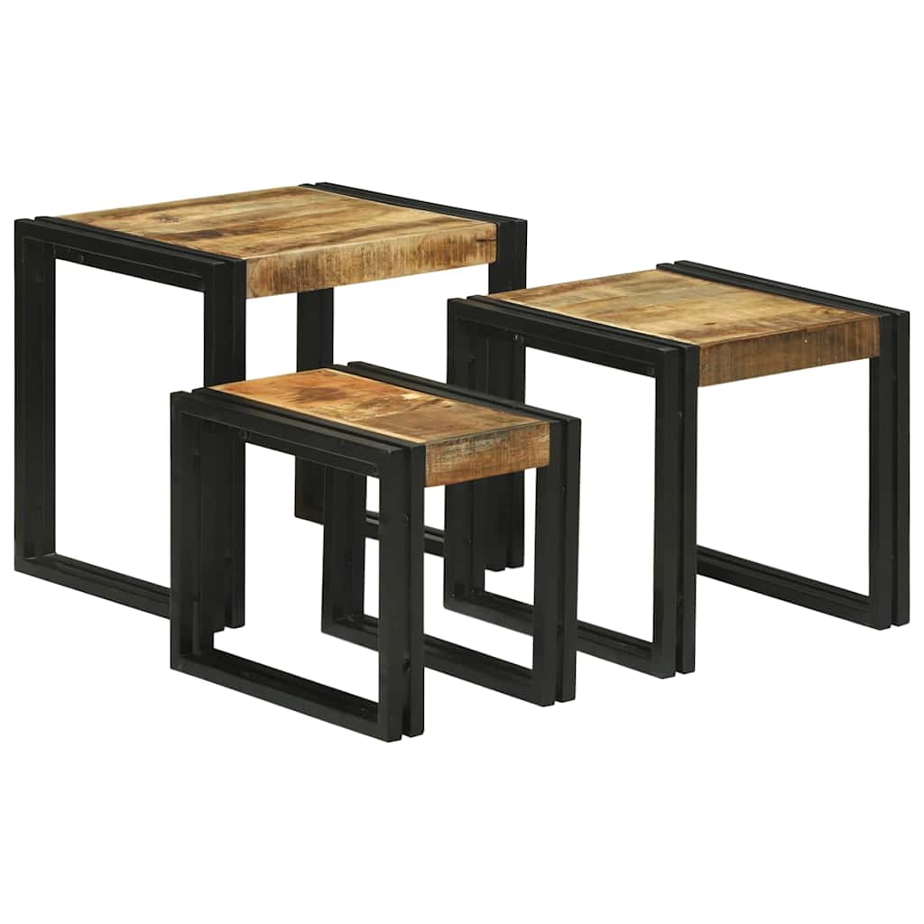 Table Gigogne 3 pcs Marron et noir Bois de manguier brut massif - XIOS