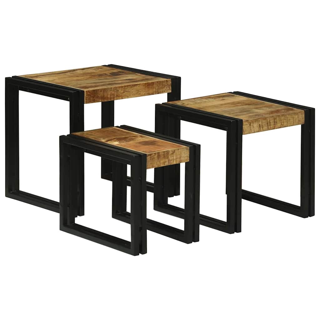Table Gigogne 3 pcs Marron et noir Bois de manguier brut massif - XIOS
