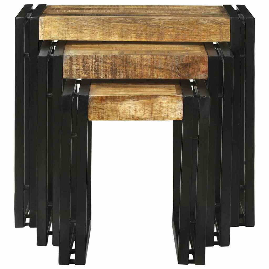 Table Gigogne 3 pcs Marron et noir Bois de manguier brut massif - XIOS