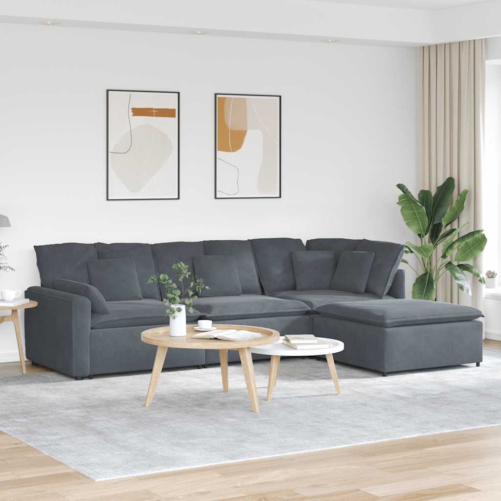 Canapé modulaire et repose-pieds et coussins velours gris foncé - XIOS