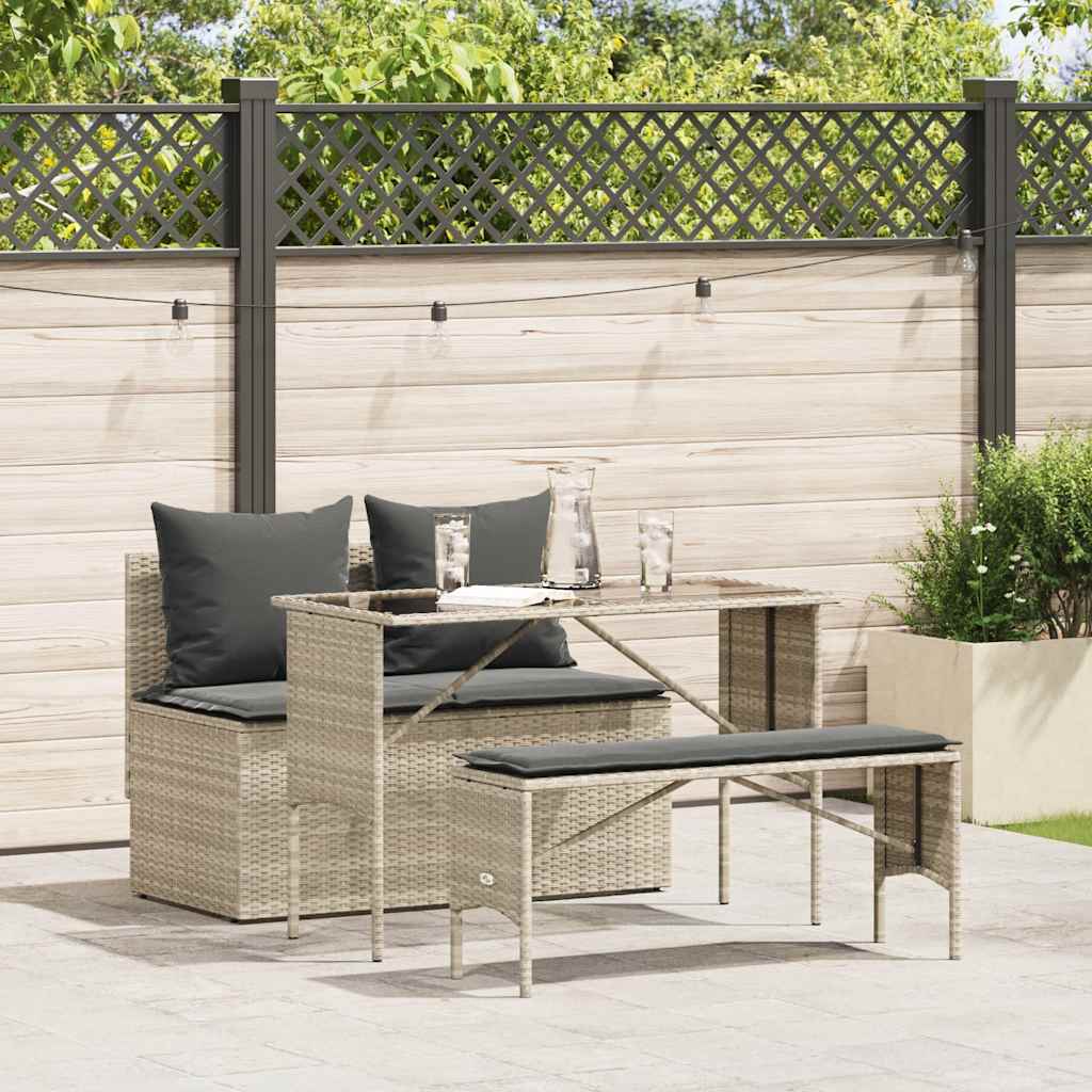 Ensemble à manger de jardin 3pcs coussins gris clair poly rotin - XIOS