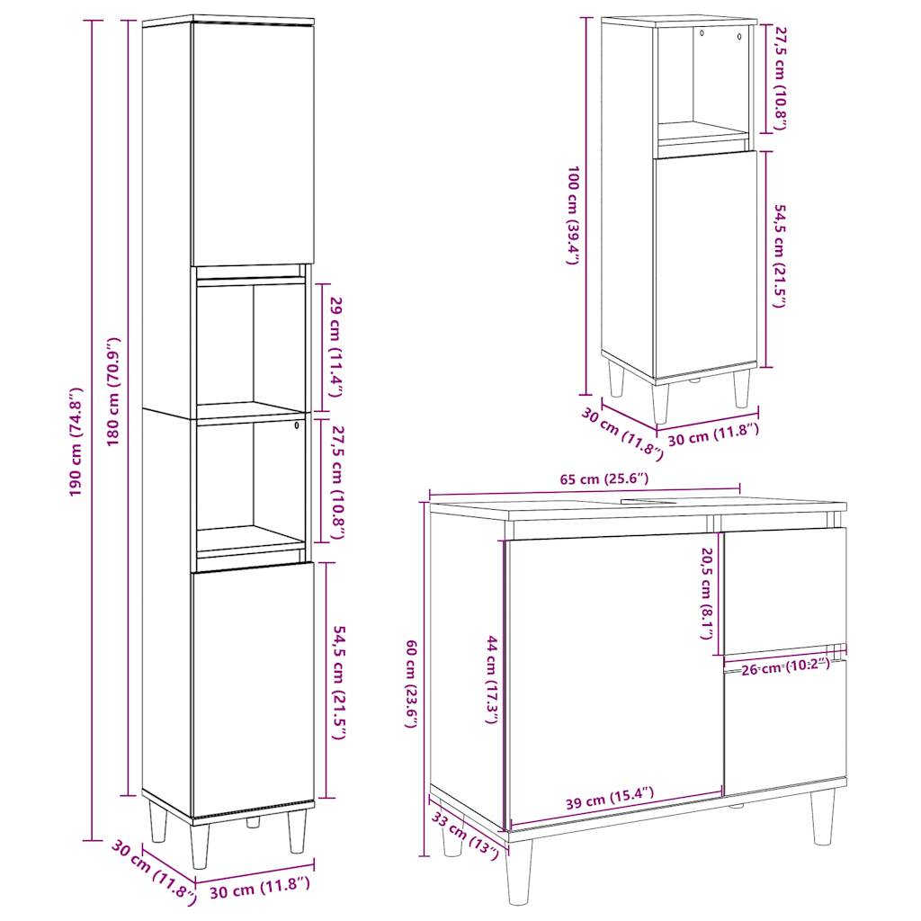 Ensemble de meubles de salle de bain 3 pcs gris béton
