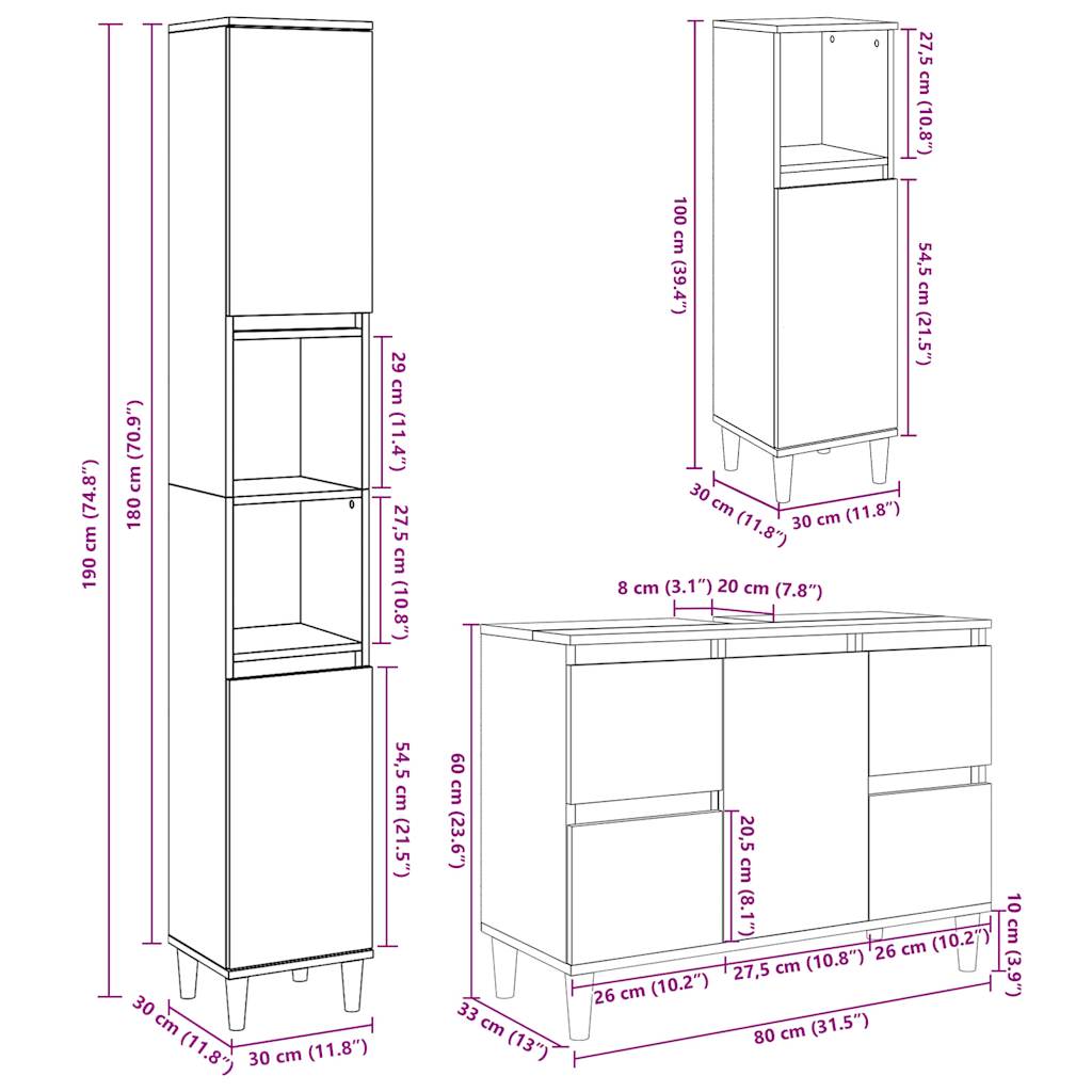 Ensemble de meubles de salle de bain 3 pcs gris béton