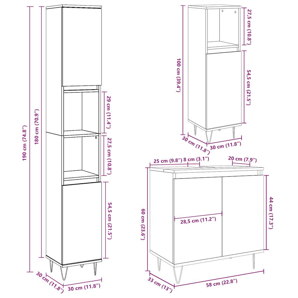 Ensemble de meubles de salle de bain 3 pcs gris béton