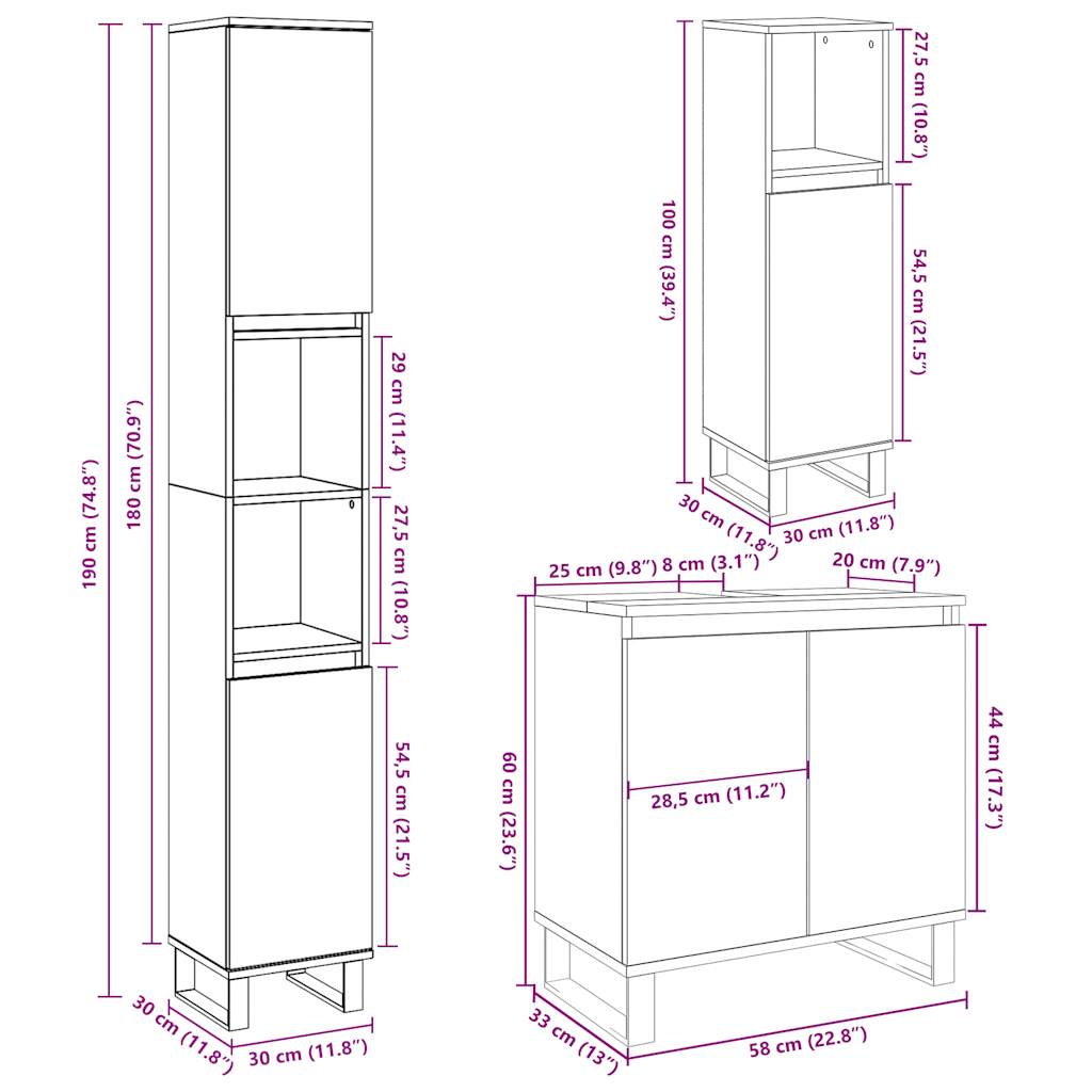 Ensemble de meubles de salle de bain 3 pcs gris béton