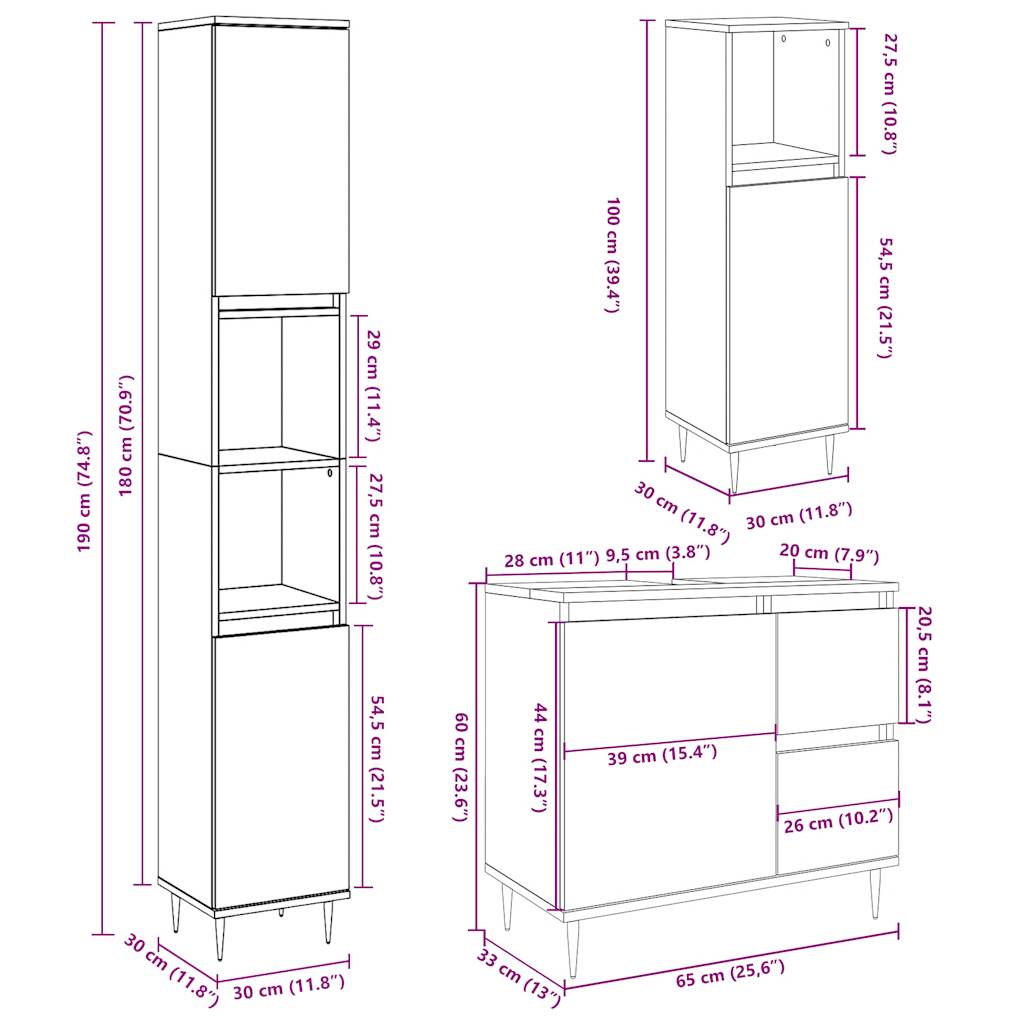 Ensemble de meubles de salle de bain 3 pcs gris béton