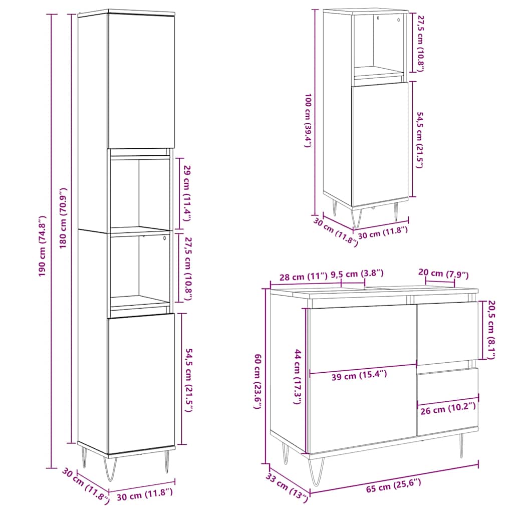Ensemble de meubles de salle de bain 3 pcs gris béton