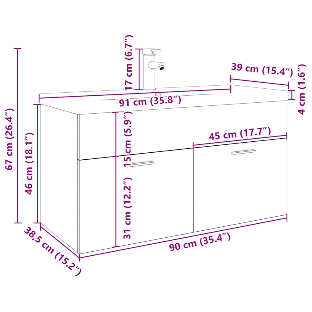 Armoire lavabo de salle de bain et bassin intégré chêne sonoma