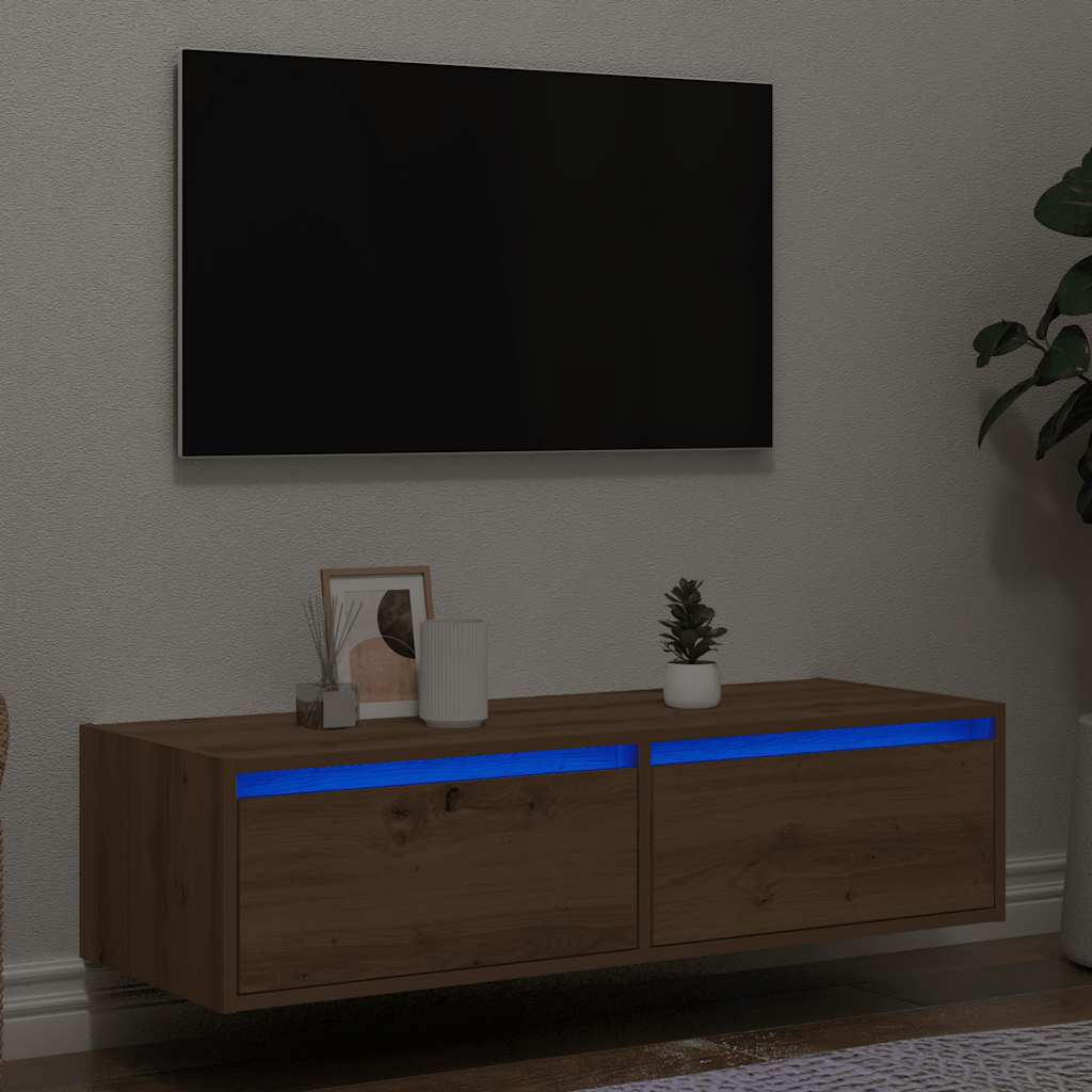 Meuble TV avec lumières LED chêne artisanal 100X35,5x25 cm - XIOS