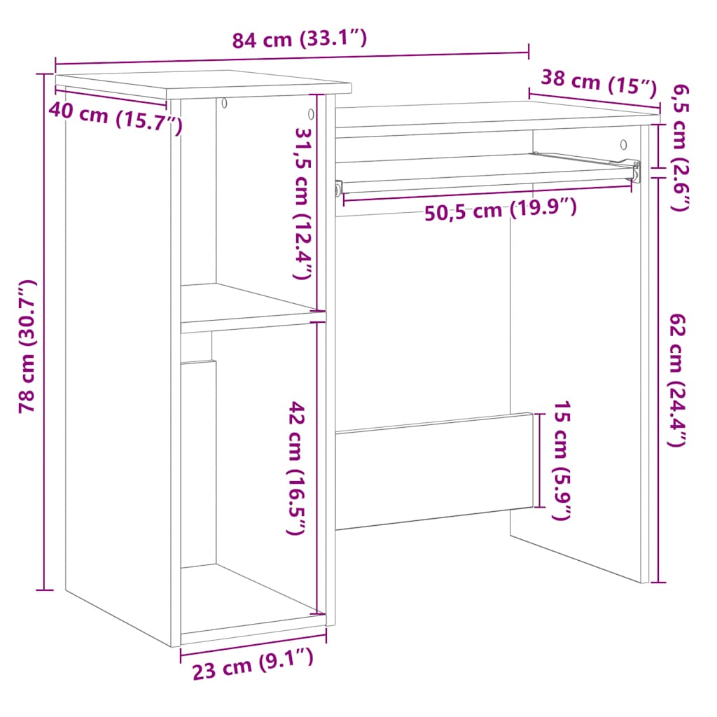 Bureau avec étagères chêne fumé 84x40x78 cm bois d'ingénierie - XIOS