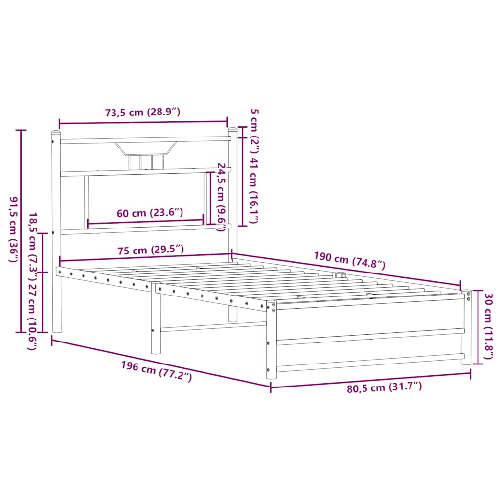 Cadre de lit sans matelas chêne fumé 75x190cm bois d'ingénierie - XIOS