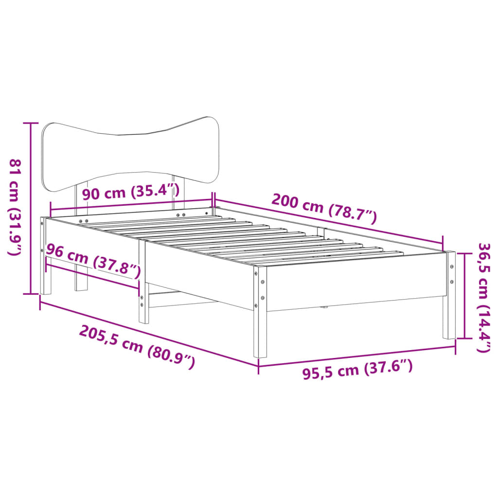 Cadre de lit sans matelas cire marron 90x200 cm bois pin massif - XIOS