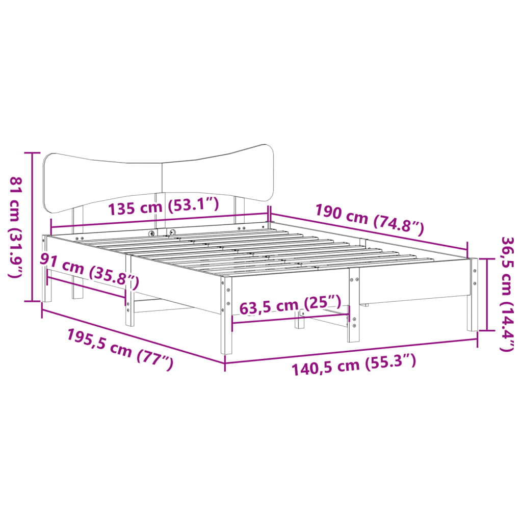 Cadre de lit sans matelas cire marron 135x190cm bois pin massif - XIOS