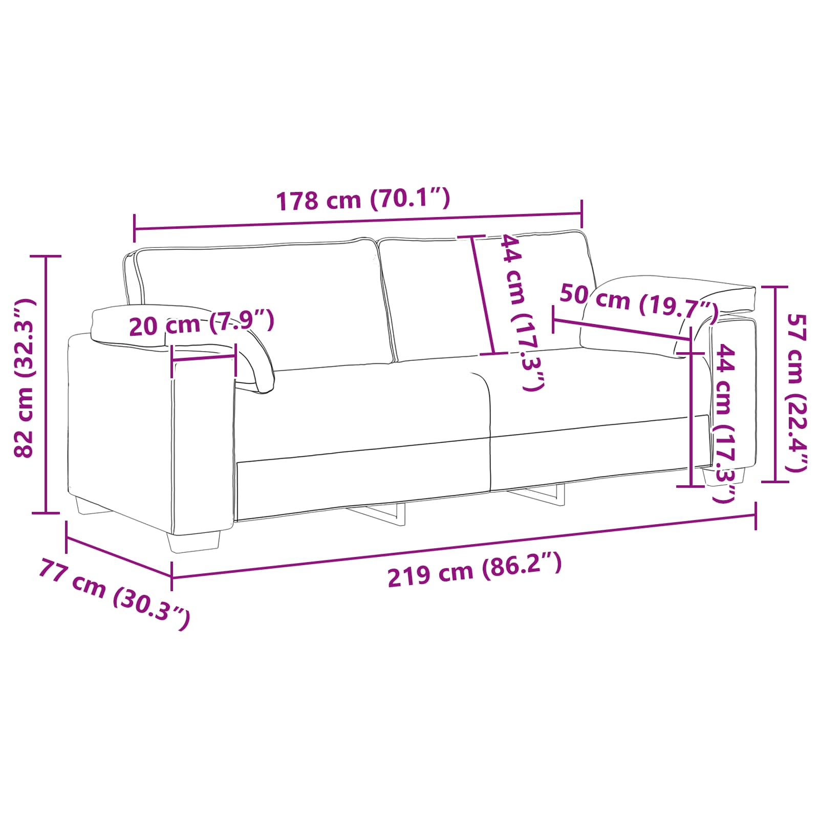 Sofa 3 places Gris clair 220 cm tissu - XIOS