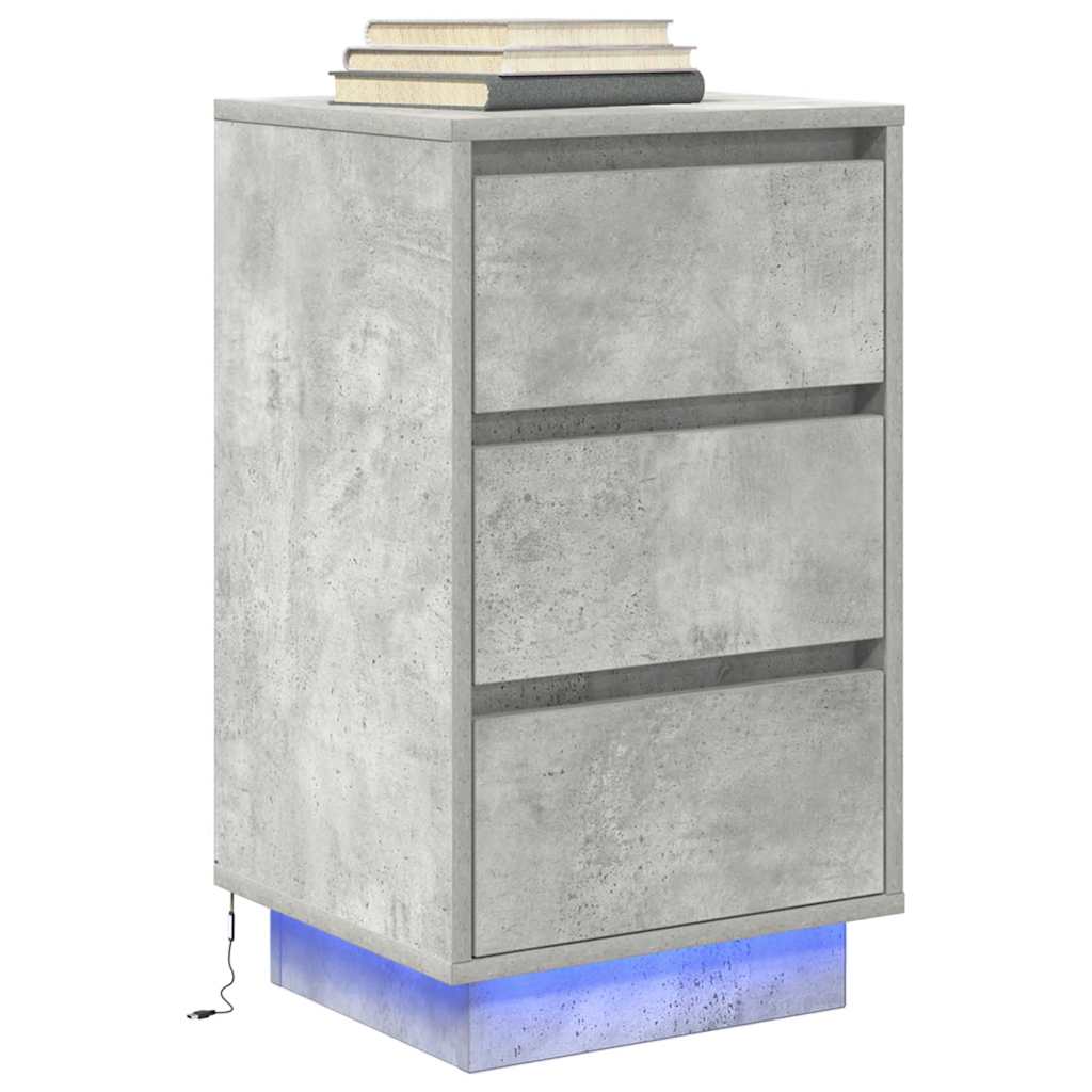 Table de chevet avec lumières LED gris béton 38x34x65 cm