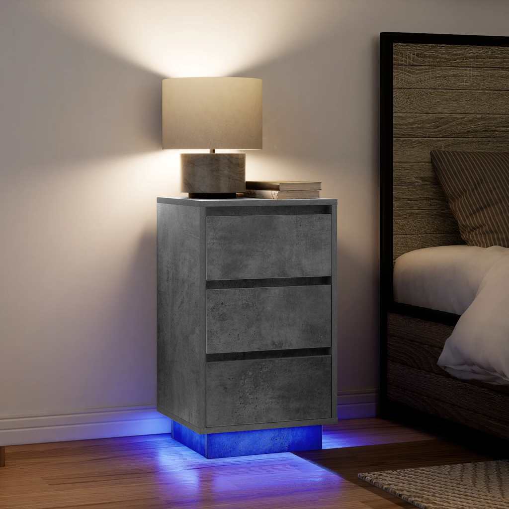 Table de chevet avec lumières LED gris béton 38x34x65 cm