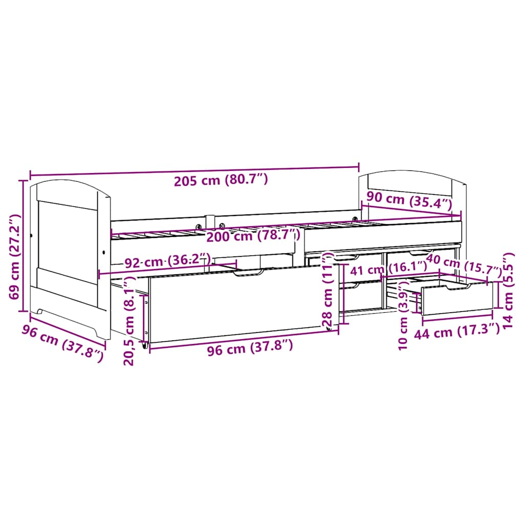 Lit de jour avec 5 tiroirs sans matelas IRUN noir 90x200 cm - XIOS