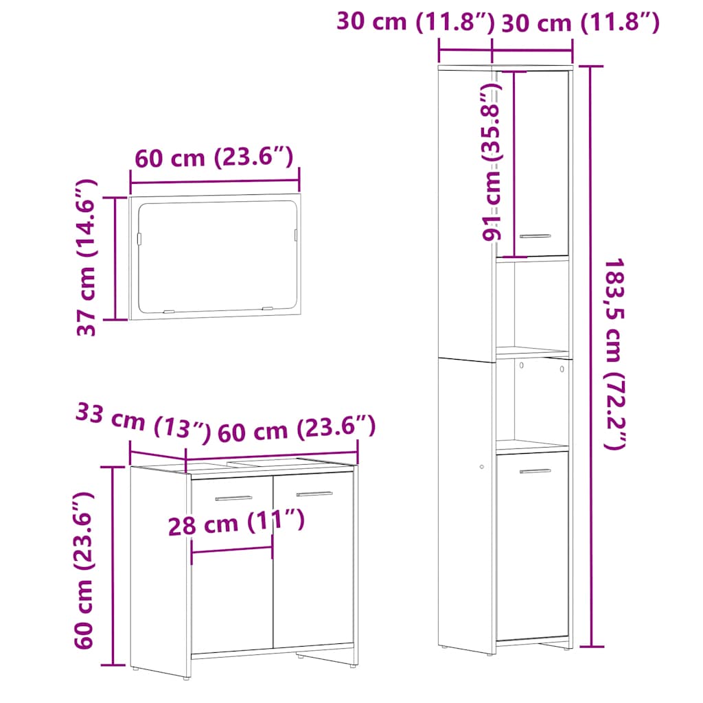 Ensemble de meubles salle de bain 3 pcs bois d'ingénierie