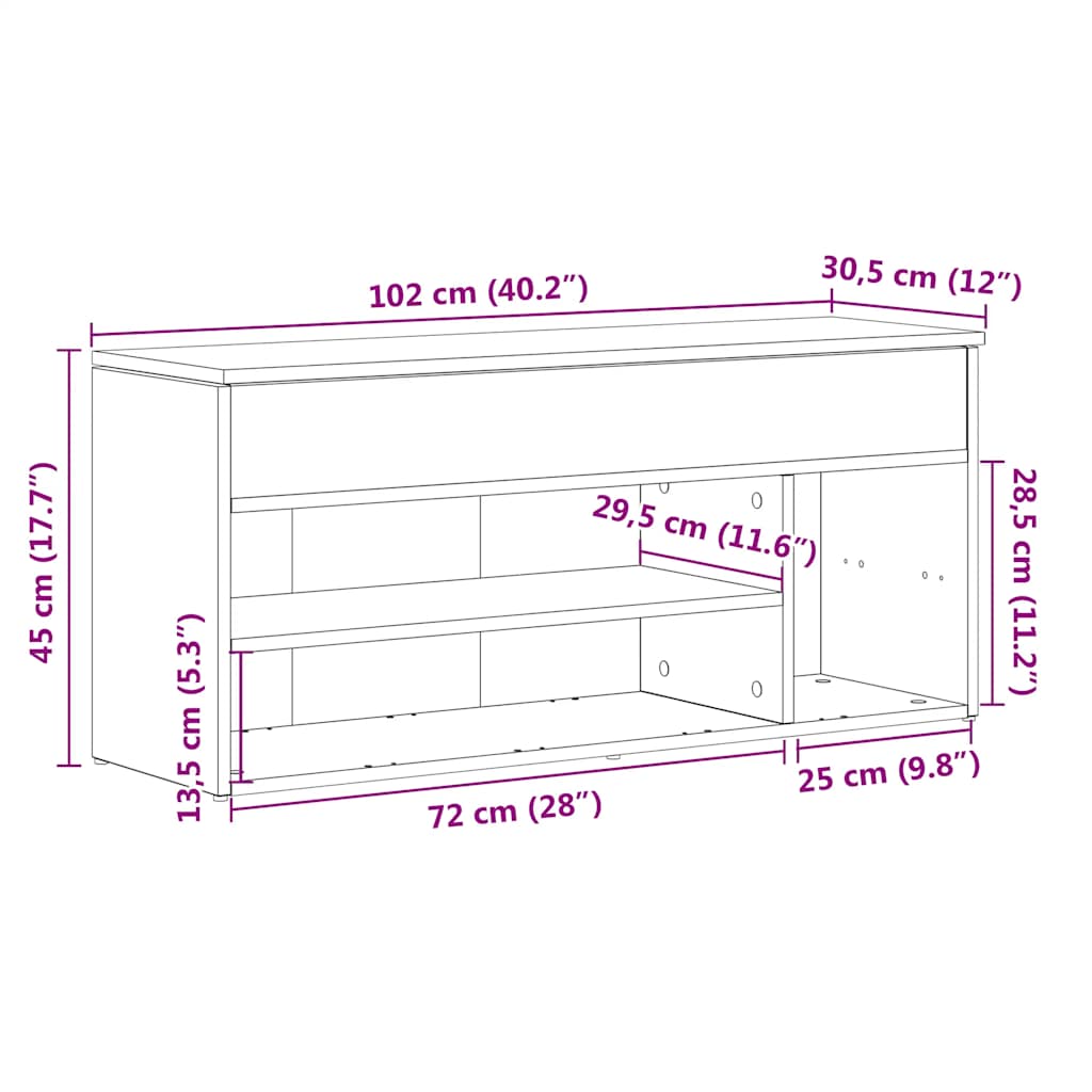 Banc à chaussures chêne fumé 102x30,5x45 cm bois d'ingénierie - XIOS