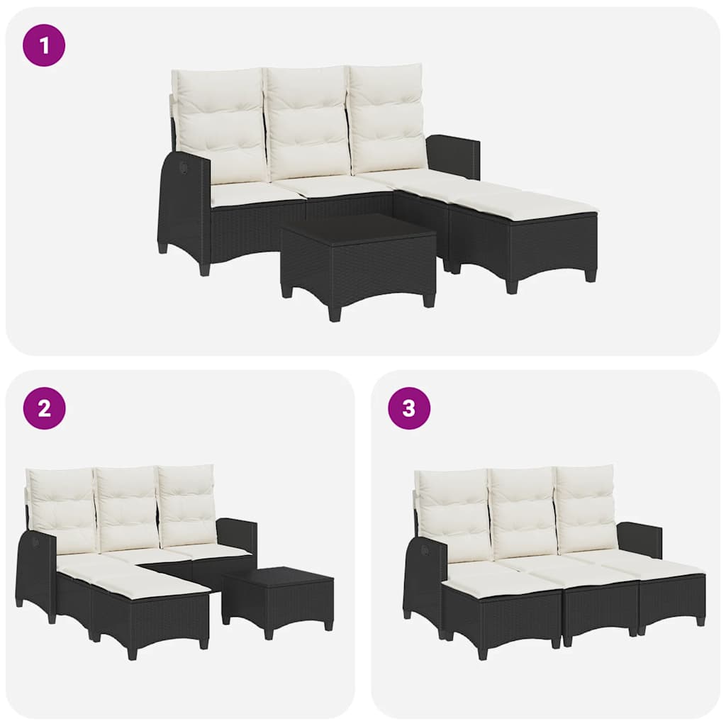 Salon de jardin 3 pcs avec coussins forme L noir résine tressée