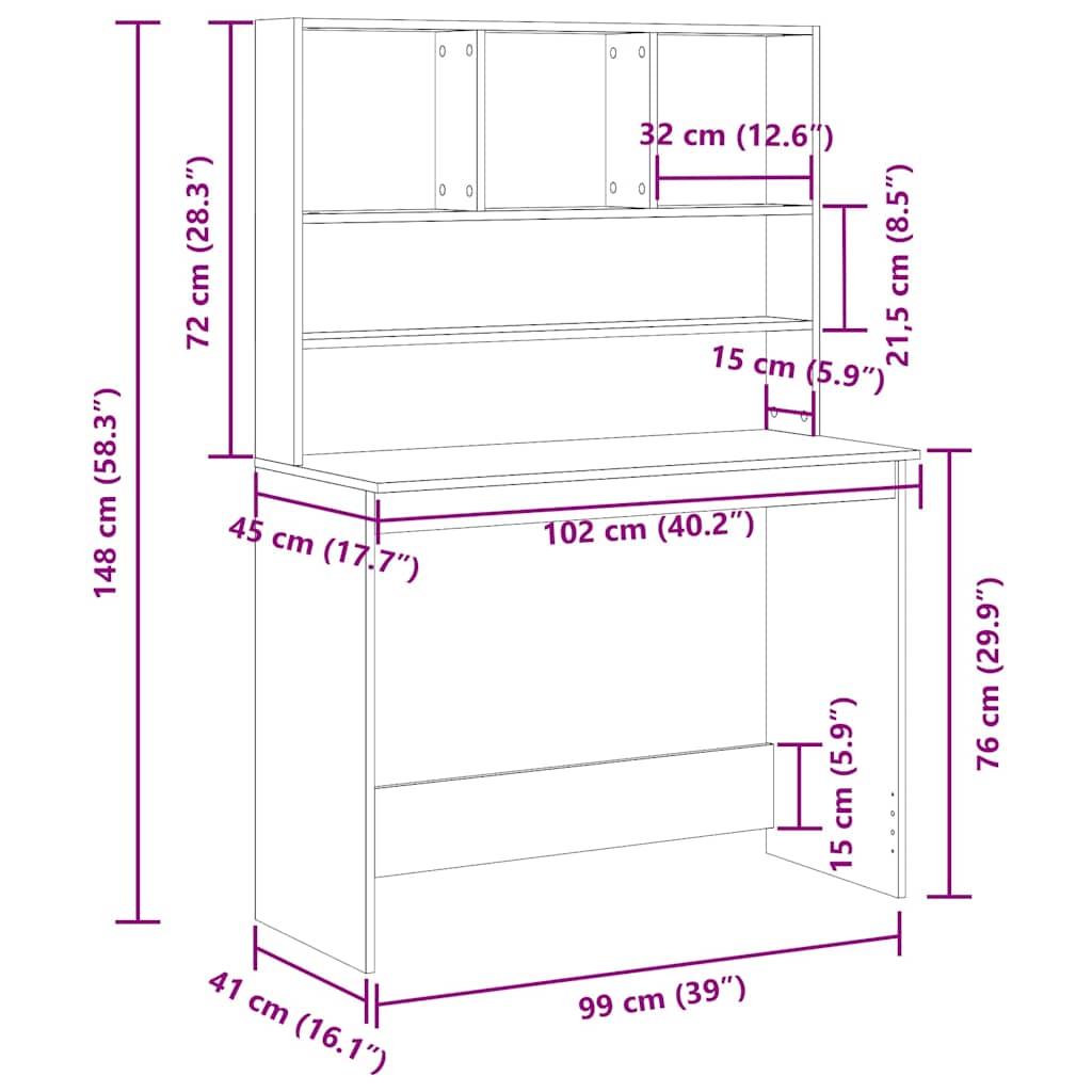 Bureau avec étagères en chêne noir 102 x 45 x 148 cm bois d'ingénierie