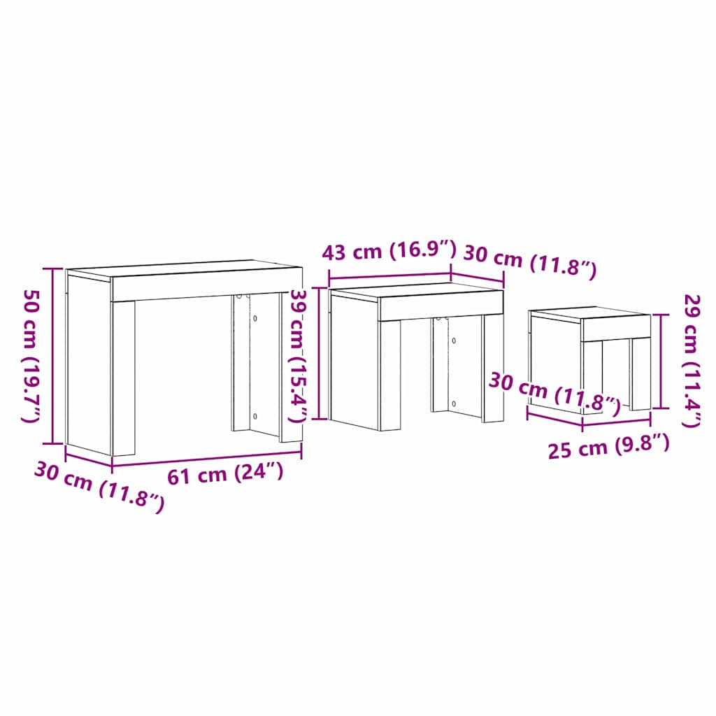 Table Gigogne 3 pcs Chêne noir 61 x 30 x 50 cm - XIOS