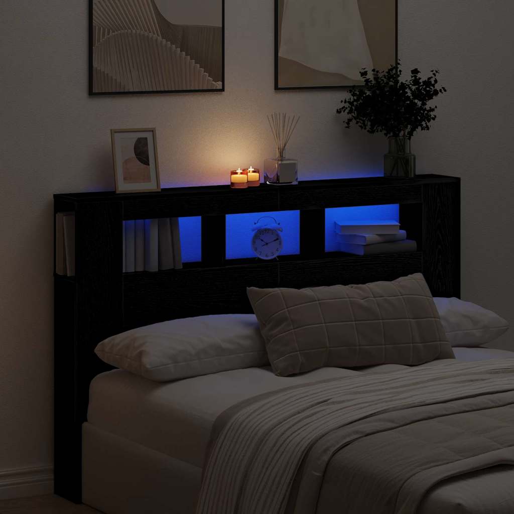 Tête de lit LED avec étagère Chêne noir 160 x 18,5 x 103,5 cm