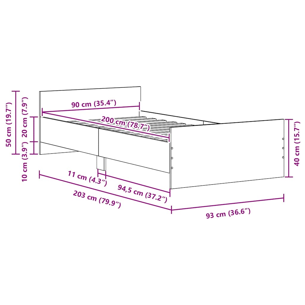 Cadre de lit sans matelas chêne noir 90x200cm bois d'ingénierie