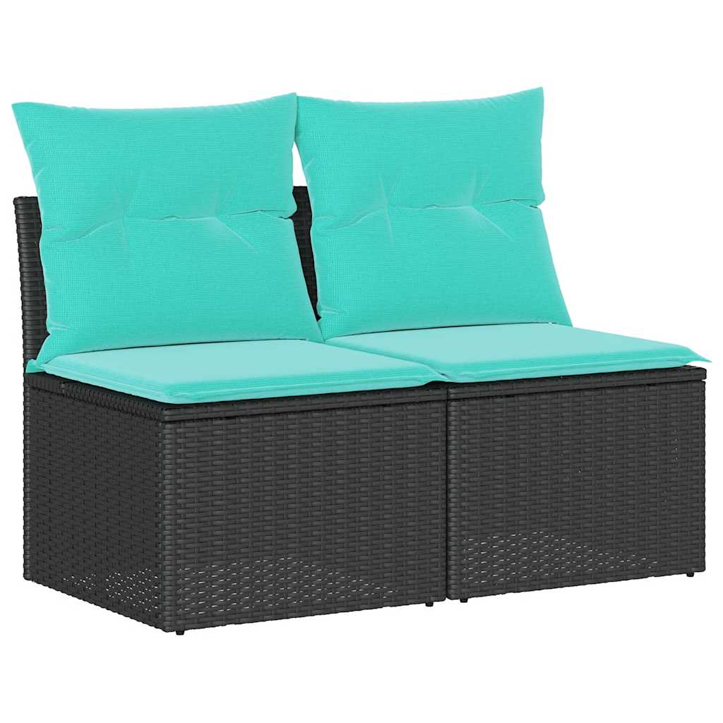 Salon de jardin avec coussins 2 pcs noir résine tressée acacia