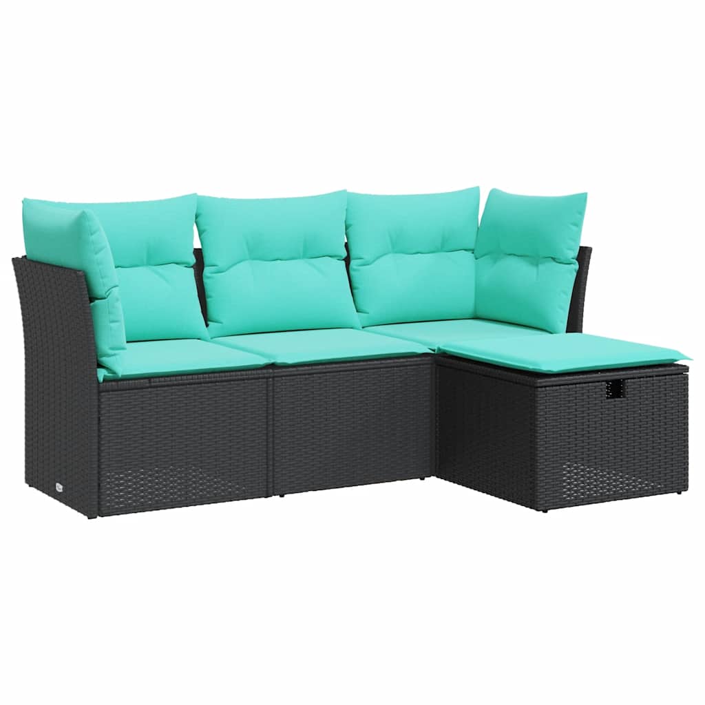 Salon de jardin 4 pcs avec coussins noir résine tressée