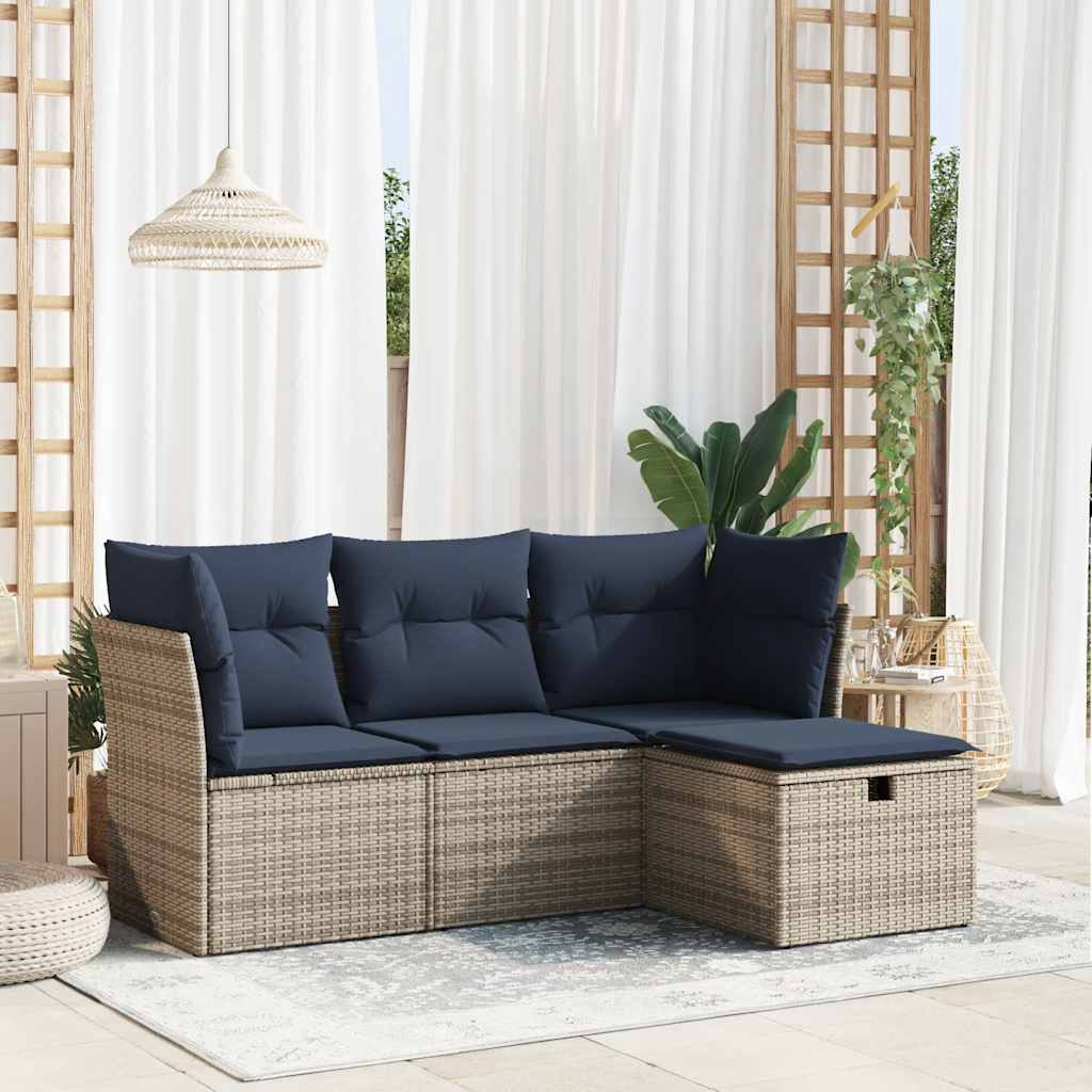 Salon de jardin 4 pcs avec coussins gris résine tressée