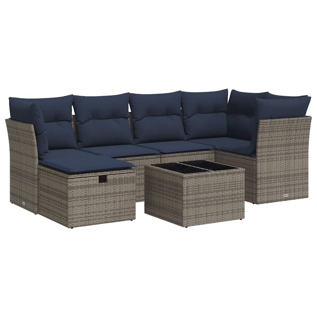 Salon de jardin avec coussins 7 pcs gris résine tressée