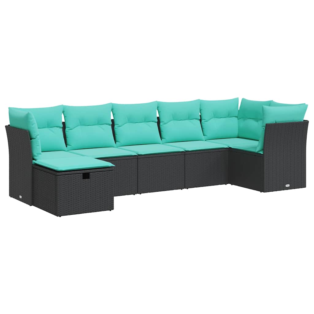 Salon de jardin 7 pcs avec coussins noir résine tressée