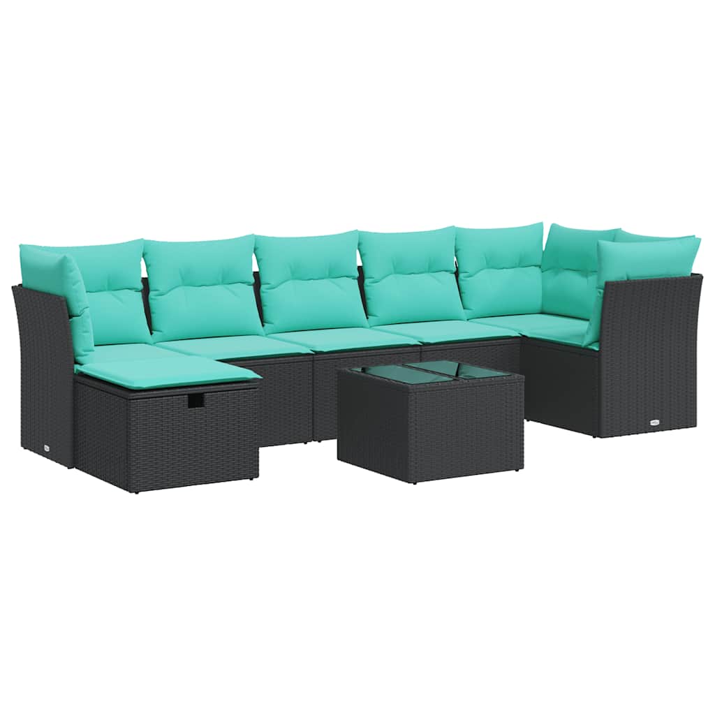 Salon de jardin 8 pcs avec coussins noir résine tressée