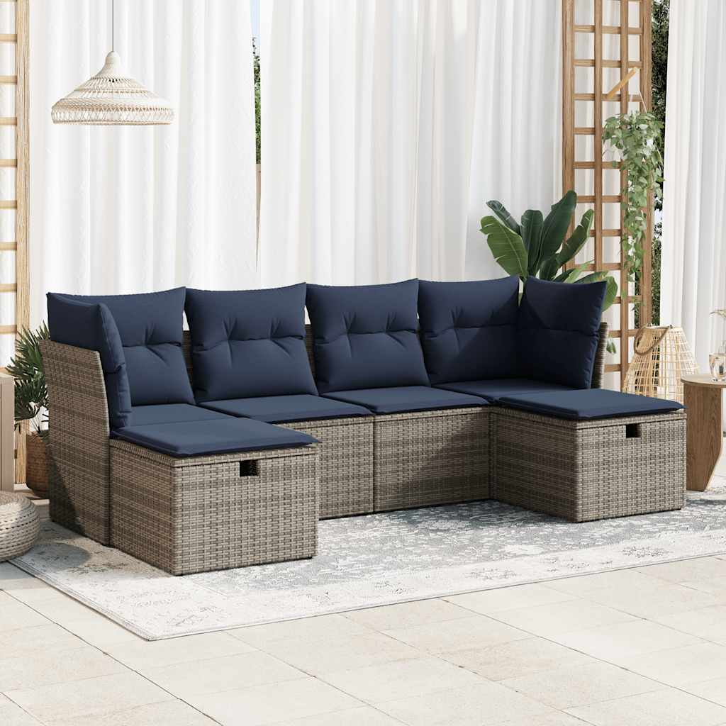 Salon de jardin 6 pcs avec coussins gris résine tressée