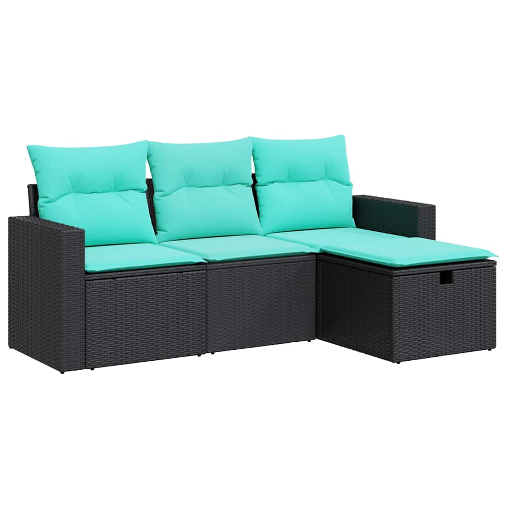 Salon de jardin 4 pcs avec coussins noir résine tressée