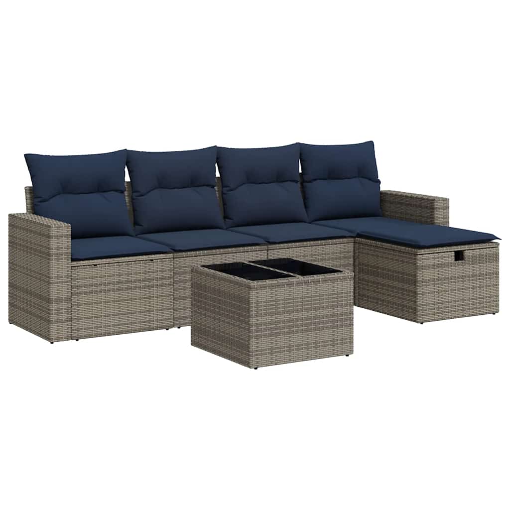 Salon de jardin 6 pcs avec coussins gris résine tressée