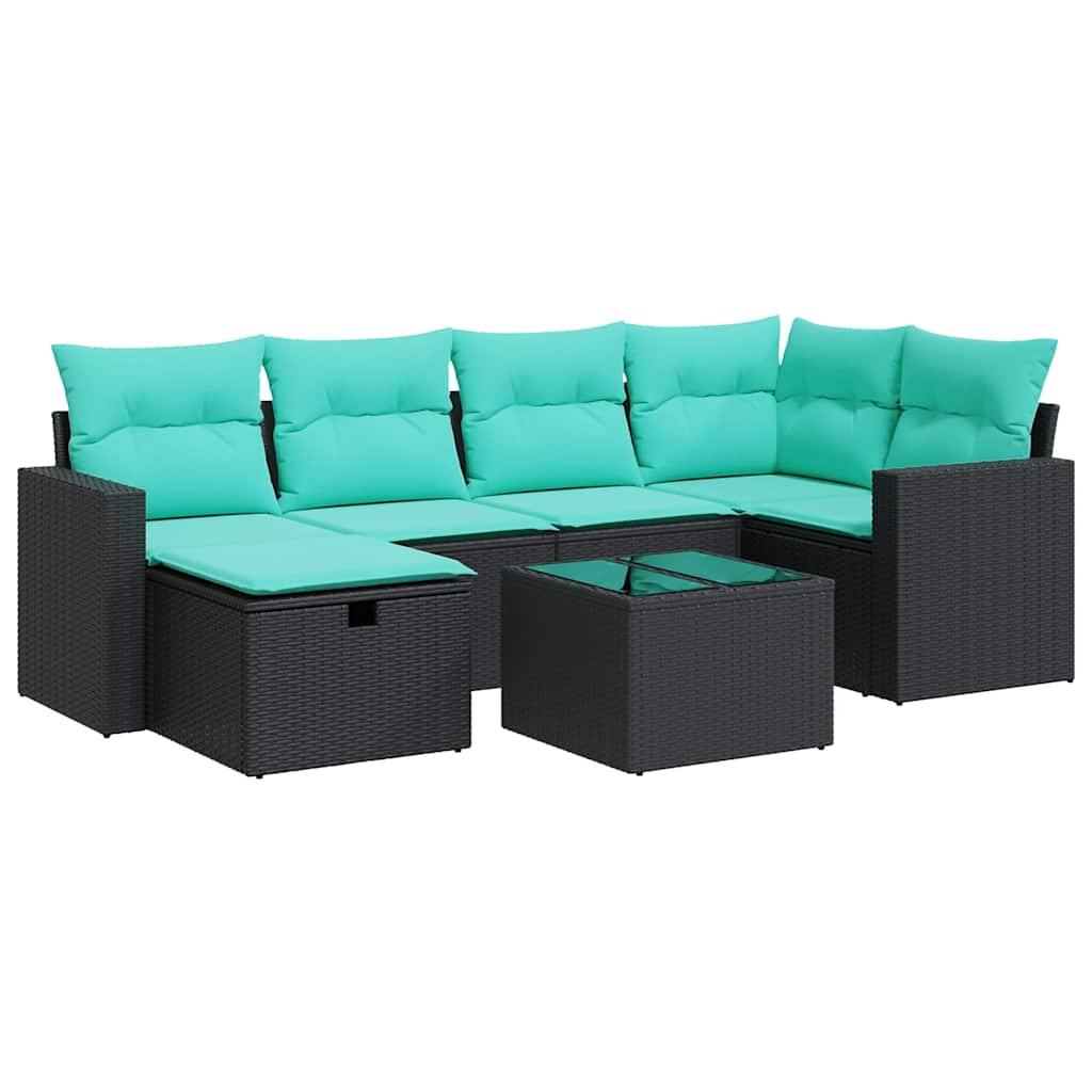 Salon de jardin 7 pcs avec coussins noir résine tressée