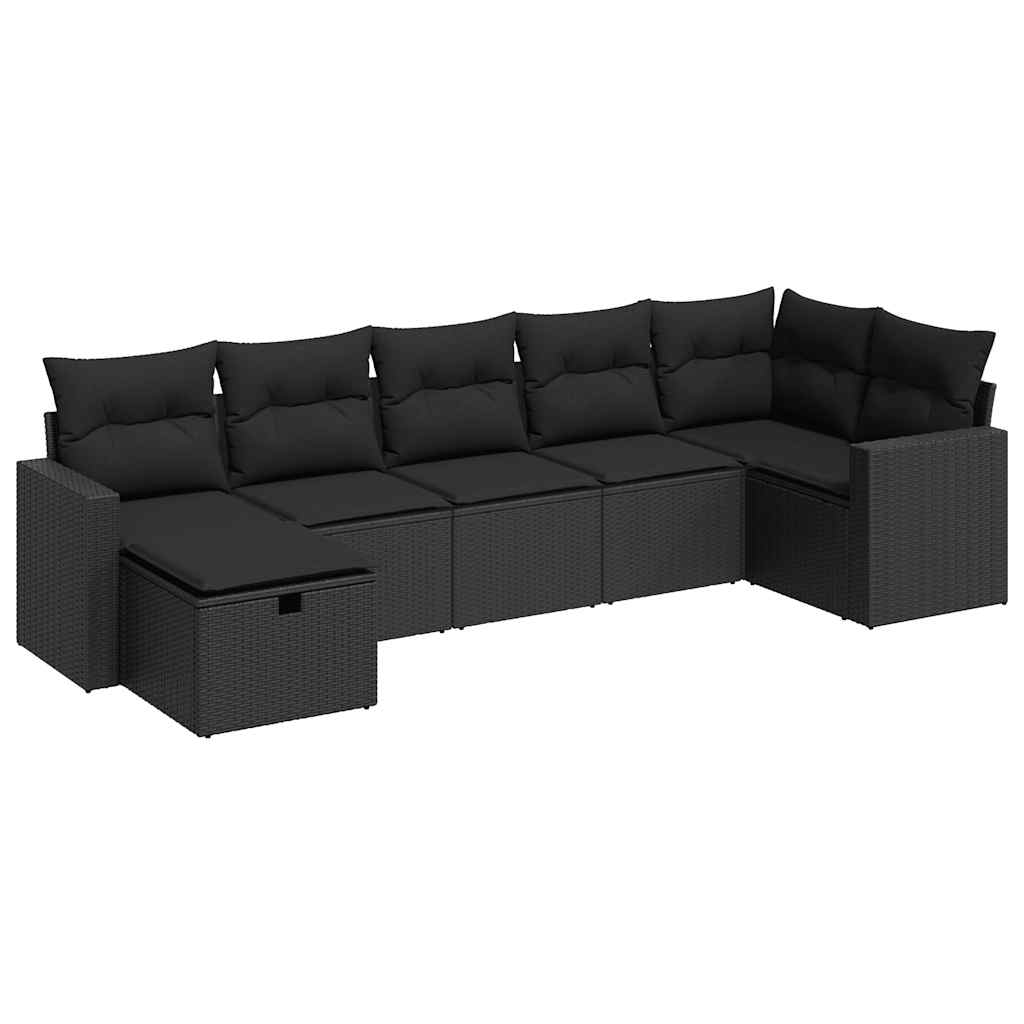 Salon de jardin 7 pcs avec coussins noir résine tressée