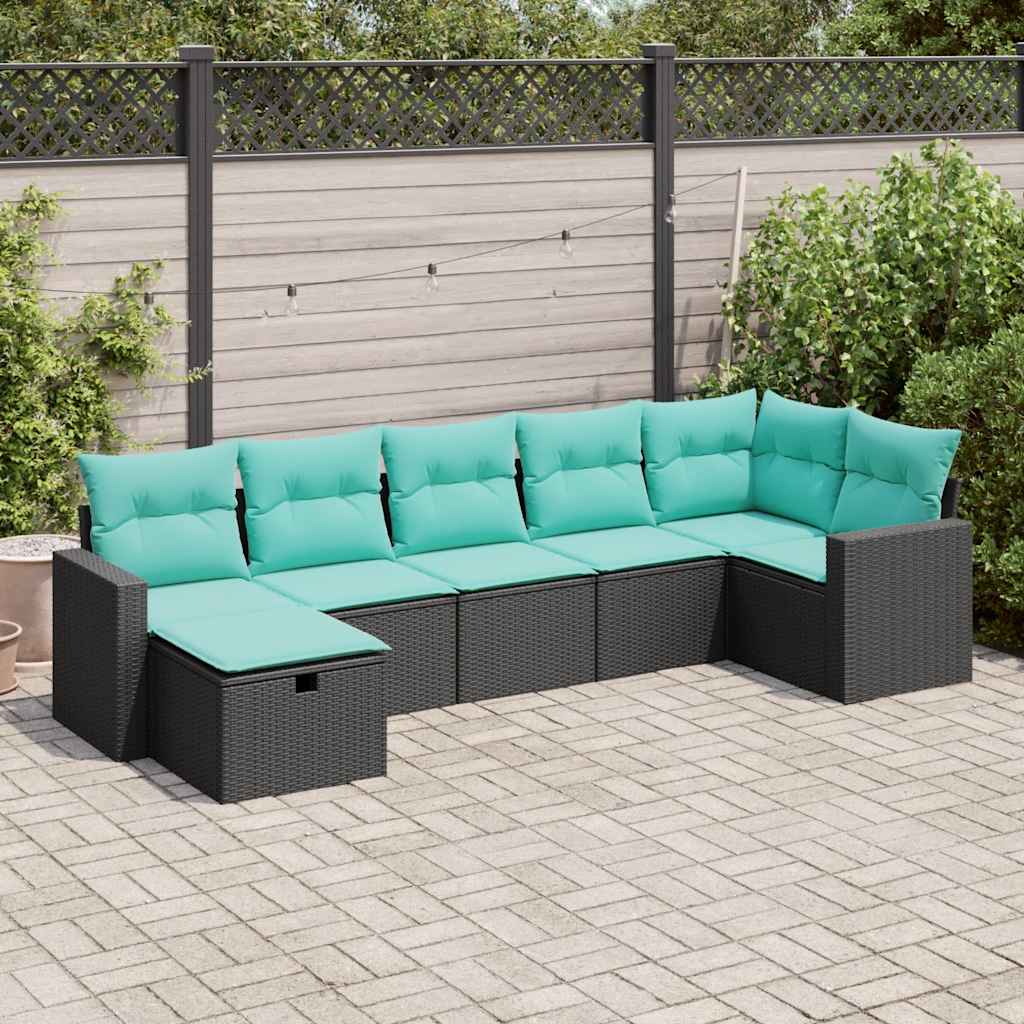 Salon de jardin 7 pcs avec coussins noir résine tressée