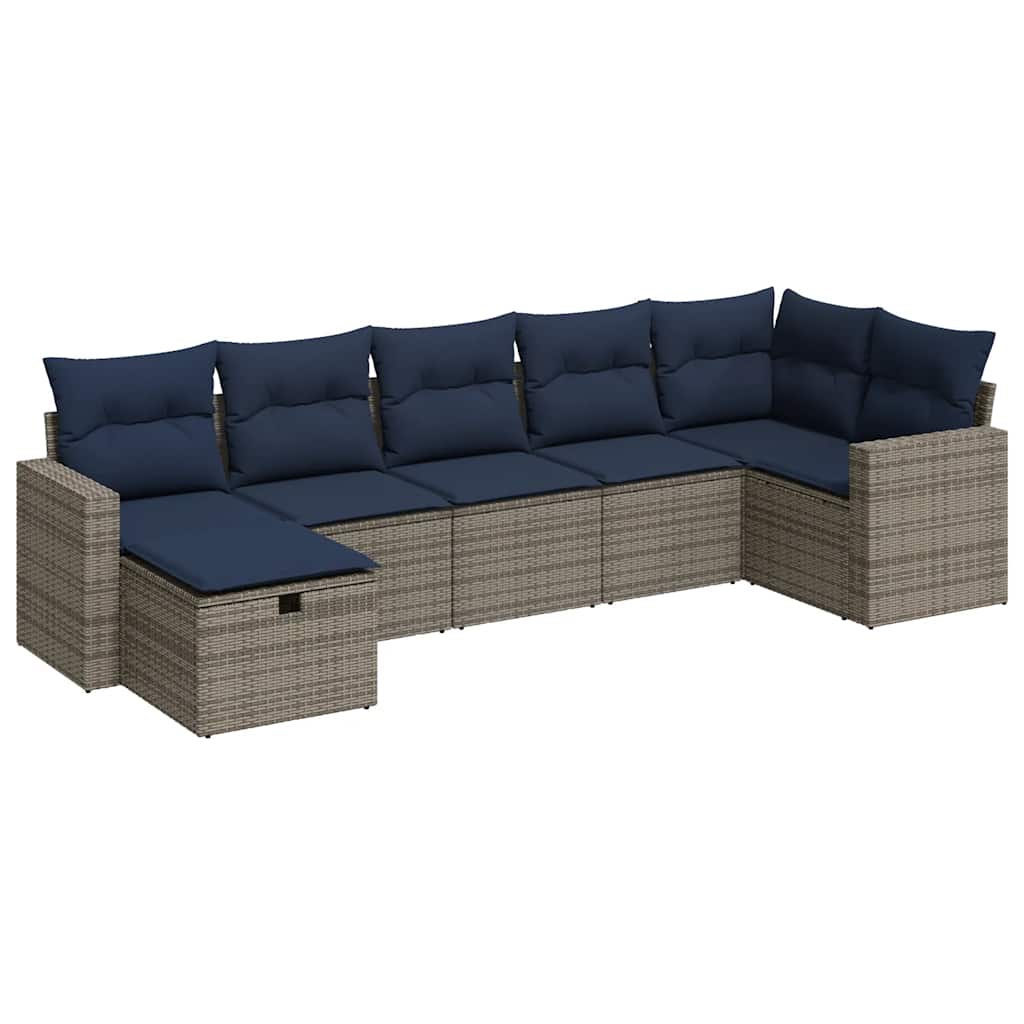 Salon de jardin avec coussins 7 pcs gris résine tressée