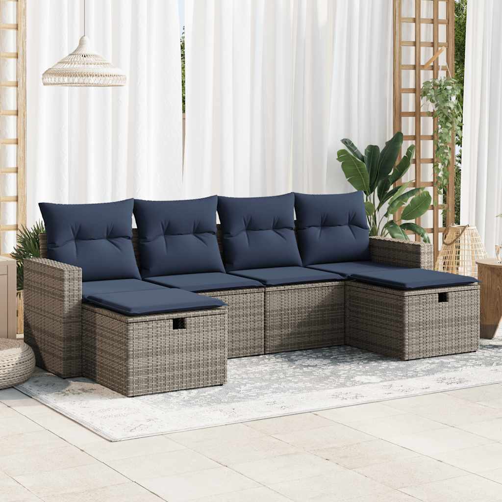 Salon de jardin 6 pcs avec coussins gris résine tressée