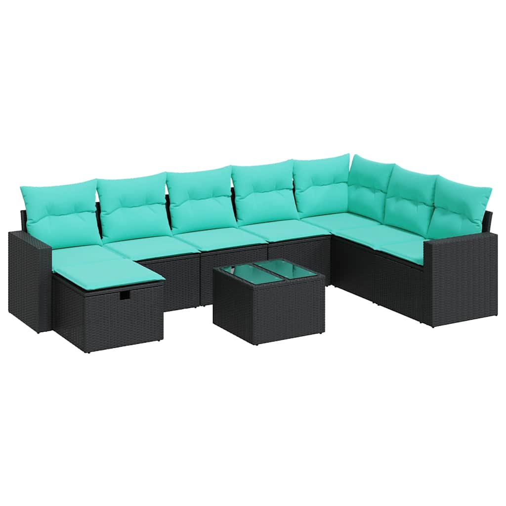 Salon de jardin 9 pcs avec coussins noir résine tressée