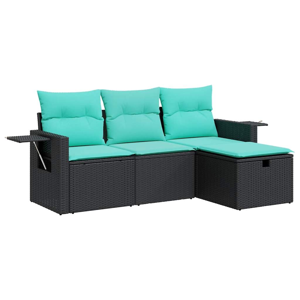 Salon de jardin 4 pcs avec coussins noir résine tressée