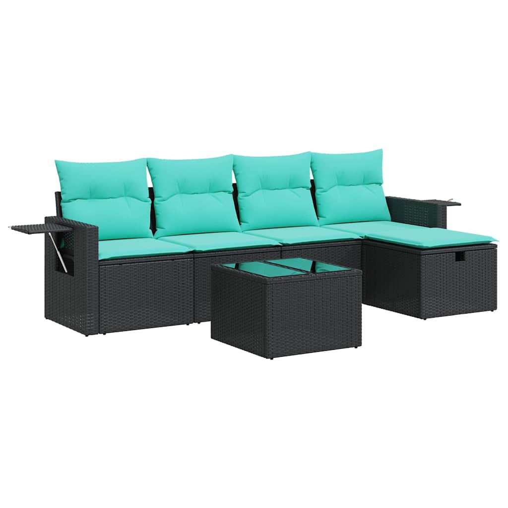 Salon de jardin 6 pcs avec coussins noir résine tressée