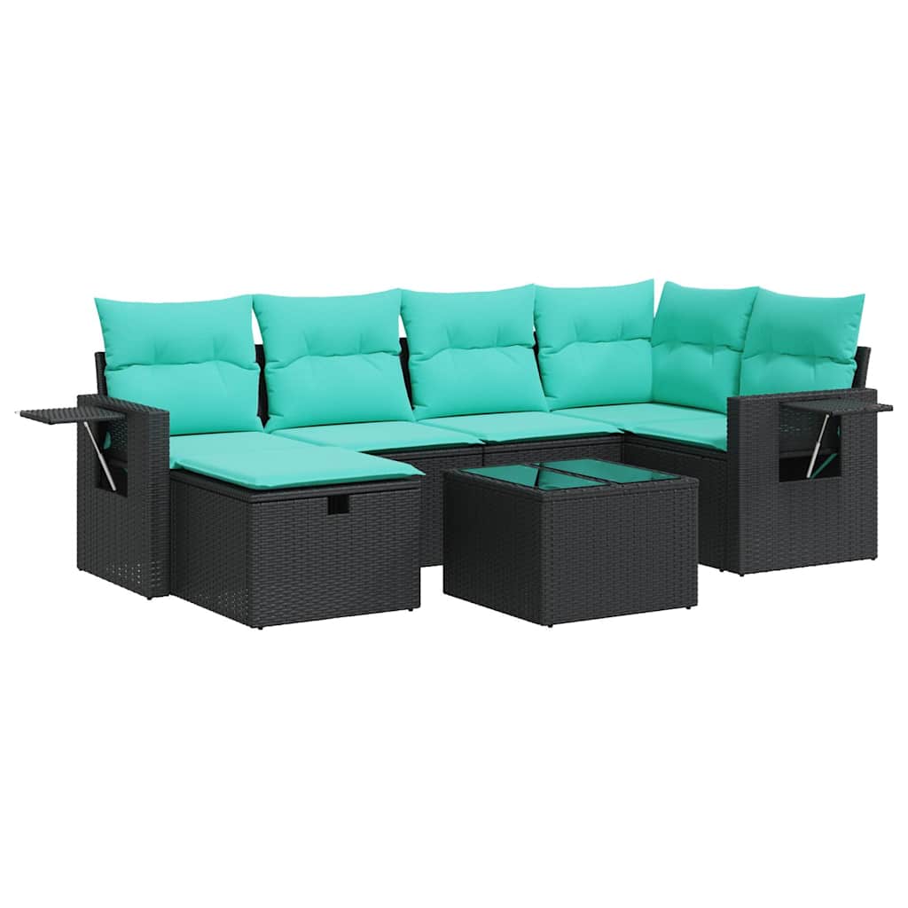 Salon de jardin 7 pcs avec coussins noir résine tressée