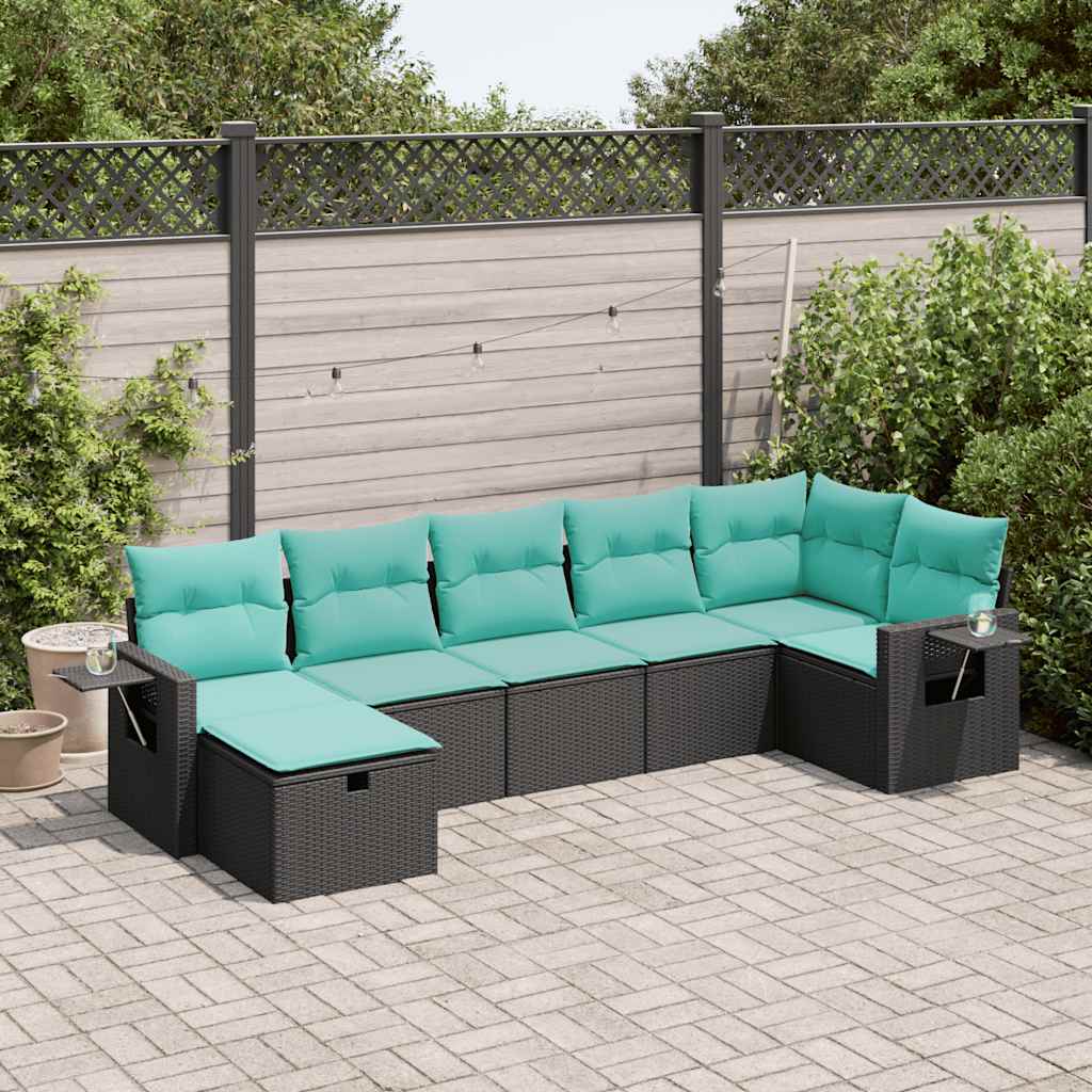 Salon de jardin 7 pcs avec coussins noir résine tressée