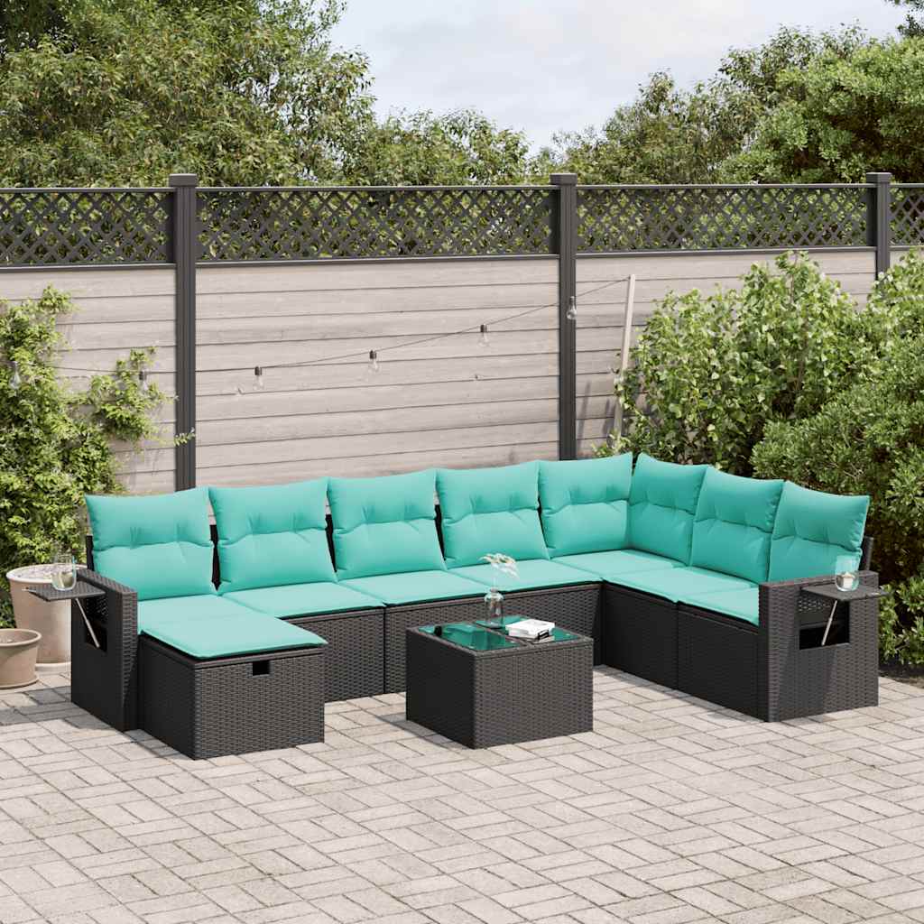 Salon de jardin 9 pcs avec coussins noir résine tressée