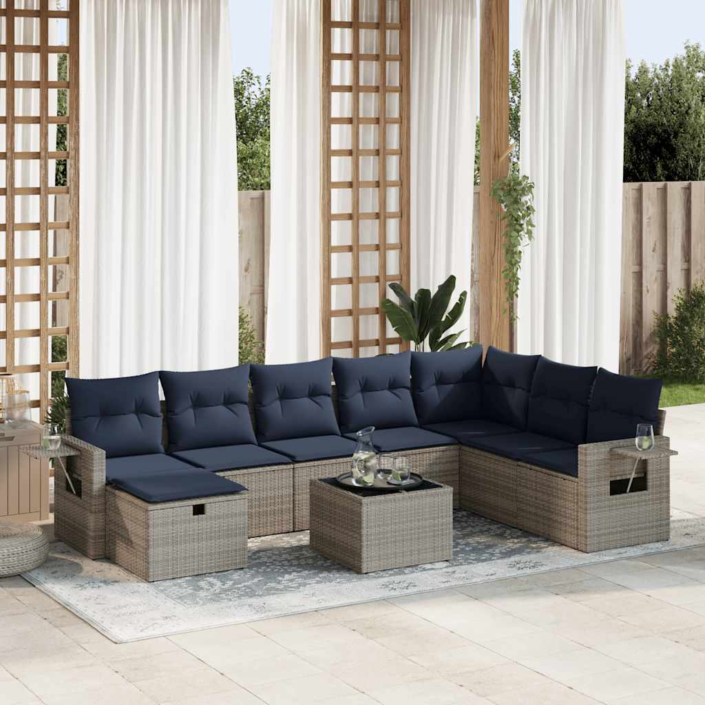 Salon de jardin 9 pcs avec coussins gris résine tressée