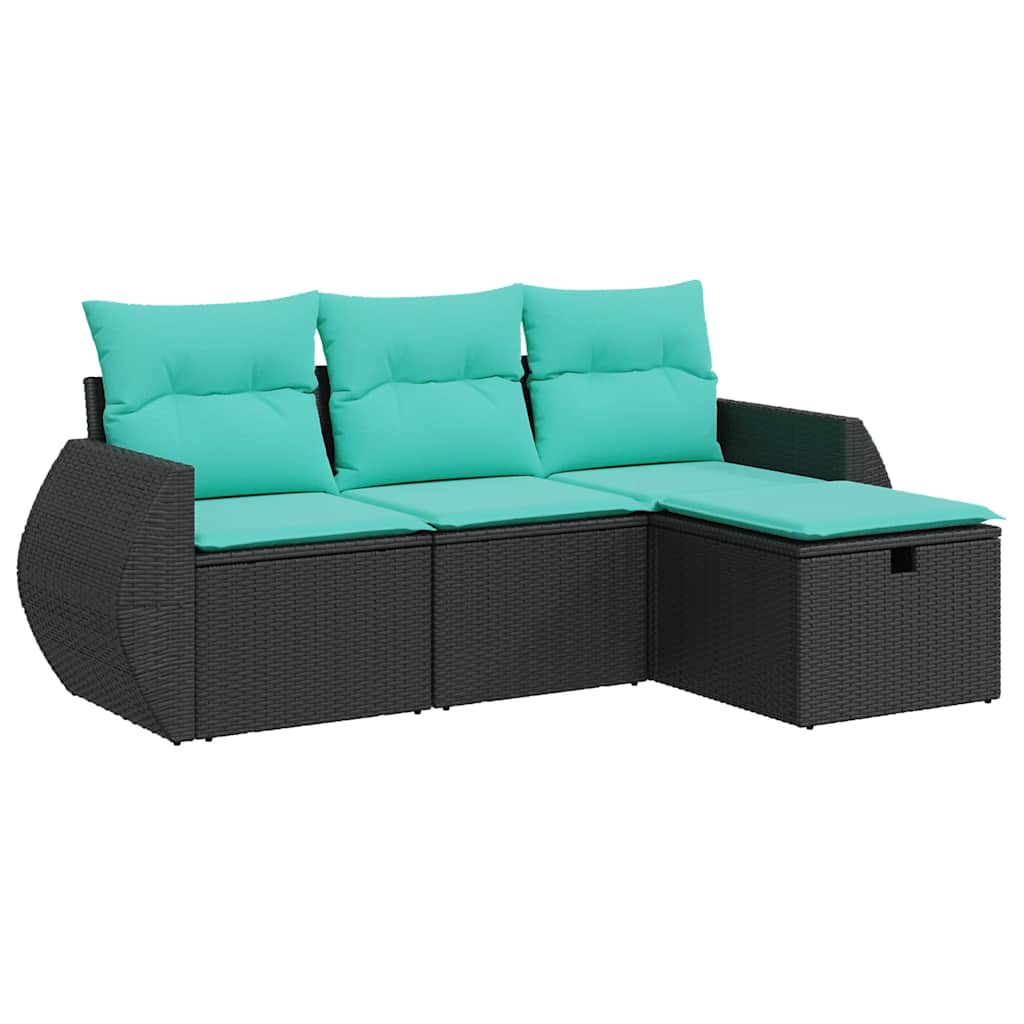 Salon de jardin 4 pcs avec coussins noir résine tressée